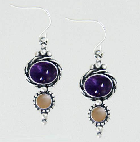 Sterling Silver Drop Dangle Earrings With Iolite And Peach Moonstone